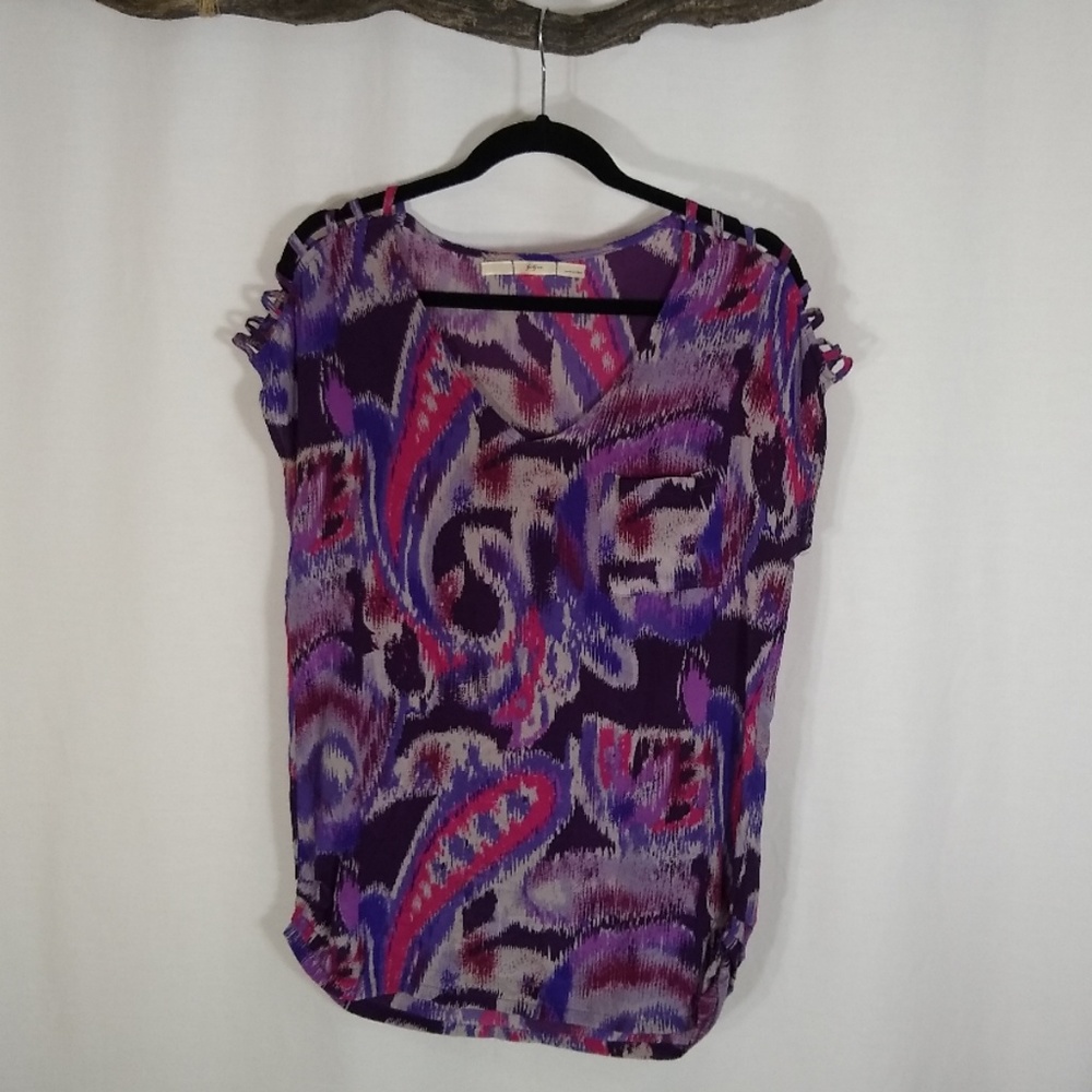 Gibson purple & gray paisley caged silk short sleeve blouse